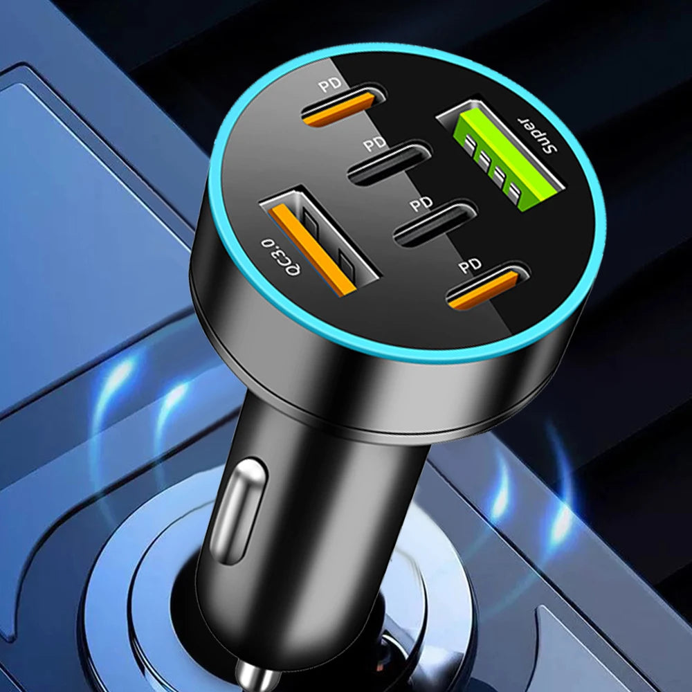 250W 6 in 1 USB Car Phone Charger Adapter 4 PD 6Ports Super Fast Charge in Car for iPhone Samsung Huawei QC 3.0