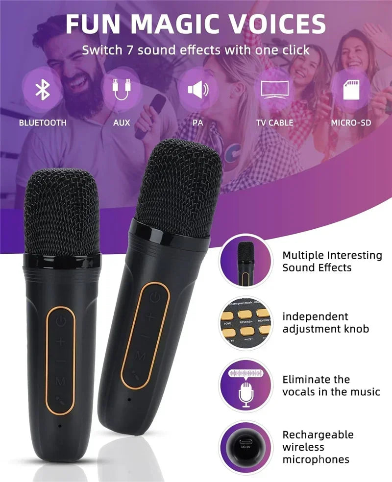High Power Karaoke Bluetooth Speaker Portable 360 Stereo Surround Wireless Subwoofer with 2 Microphone Boombox Child Home Gift
