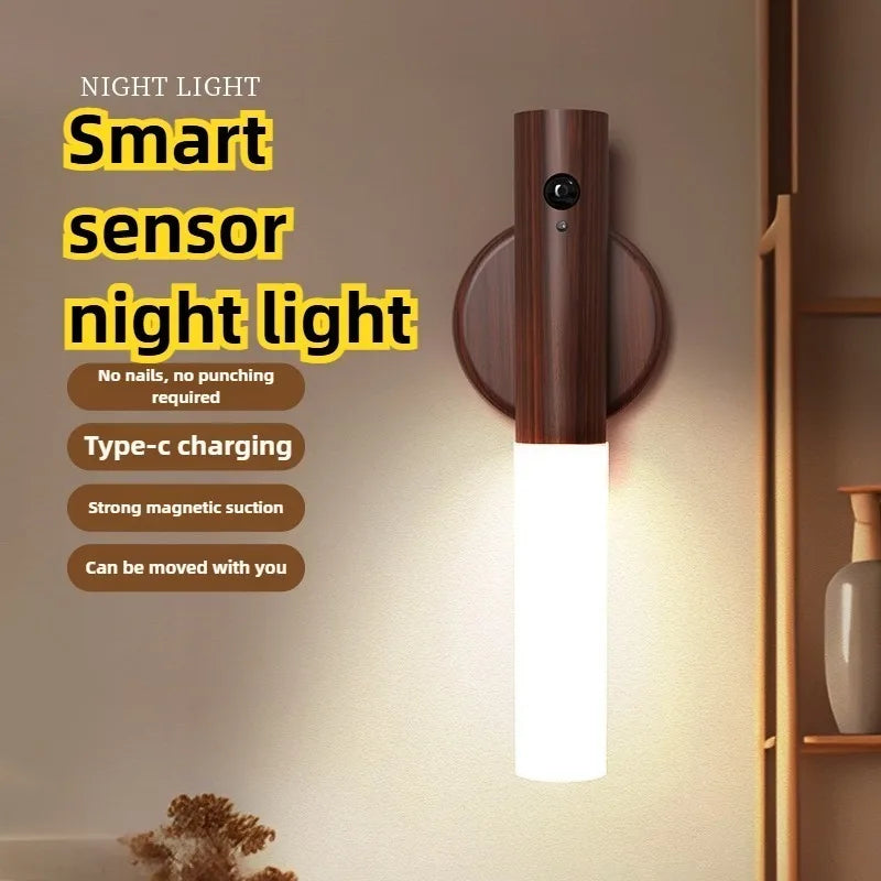 Wood Grain LED Wall Light with Motion Sensor Rechargeable Night Lamp for Bedroom Corridor Stairway Closet and Interior Lighting