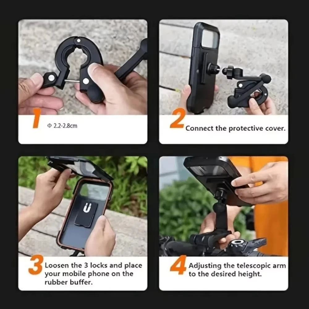 Waterproof Shockproof Bike Phone Mount 360 Rotatable Adjustable Retractable Arm Motorcycle Phone Holder Touchscreen