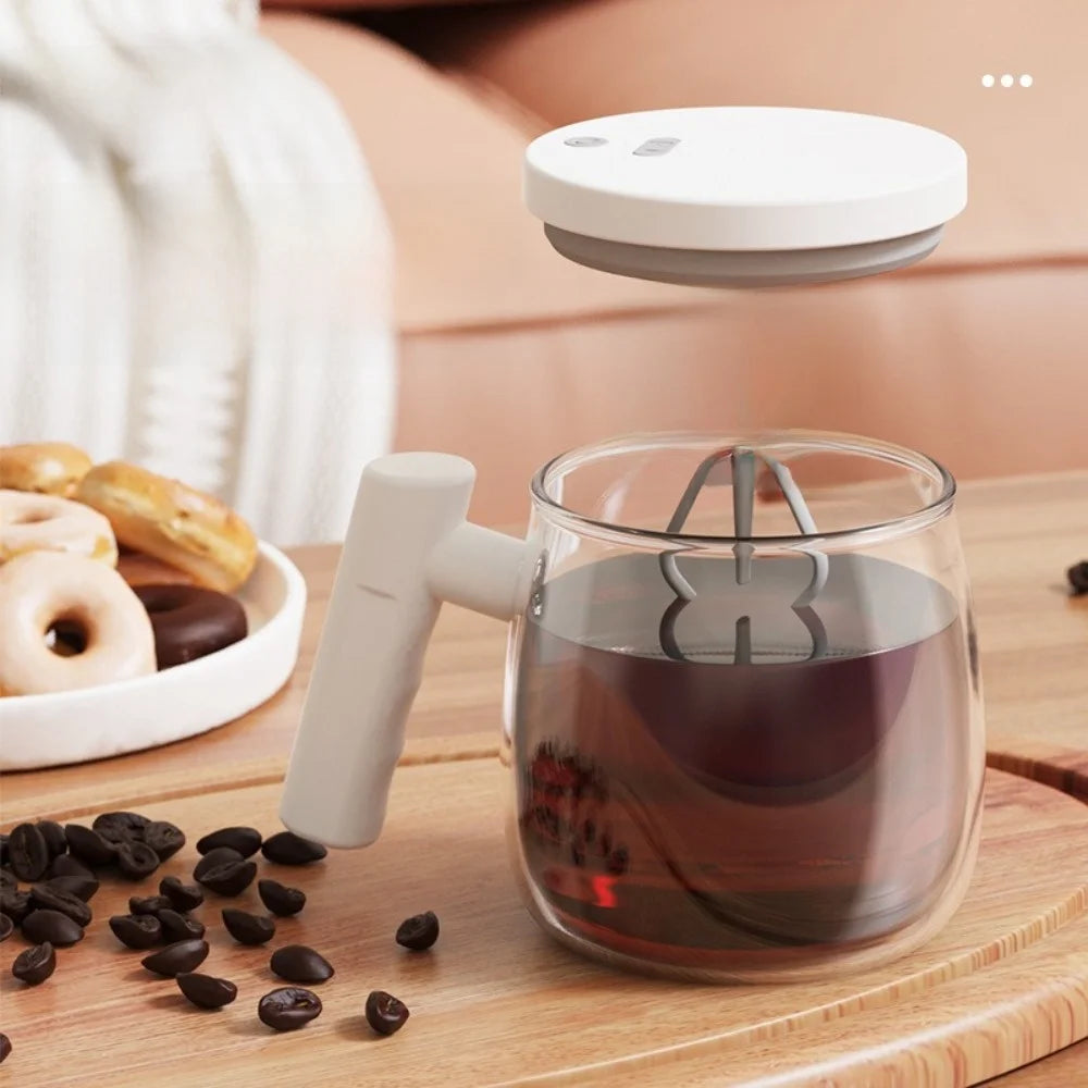 High Borosilicate Electric Self Stirring Mug with Lid & Handle Lightweight Glass Coffee Cup High Speed Mixing