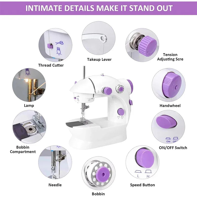 Mini Electric Sewing Machine Household Double Speed Sewing Machine with Night Light and Foot Pedal DIY Sewing Kit for Beginner