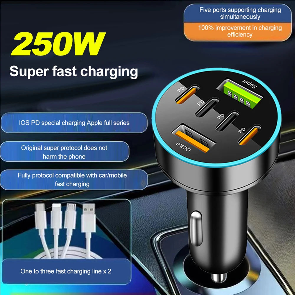 250W 6 in 1 USB Car Phone Charger Adapter 4 PD 6Ports Super Fast Charge in Car for iPhone Samsung Huawei QC 3.0