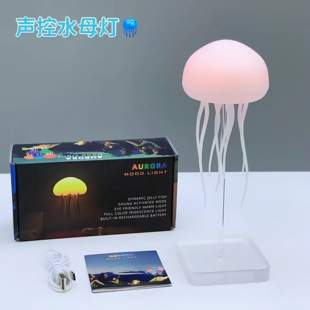 RGB Cartoon Jellyfish Night Light Voice Control Lamp USB Powered Gradient Color Changing Soft Ambient Bedside Light Home Decor