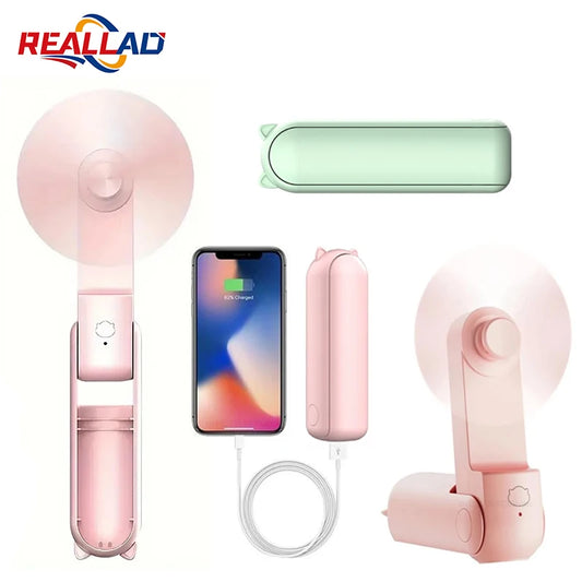 Portable Mini Fan 2000mAh USB Rechargeable 3 Speed Handheld Foldable Fan Hand Held Small Pocket Travel Fan with Handy Power Bank