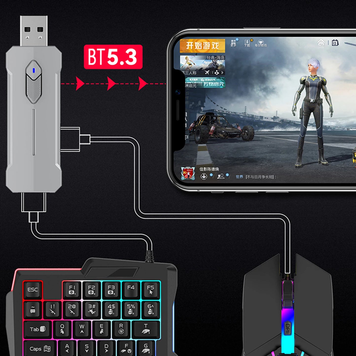 5 in 1 Mobile Game Converter Keyboard Mouse Gaming Set BT 5.3 for PUBG Gaming Keyboard and Mouse Combo for Android iOS System