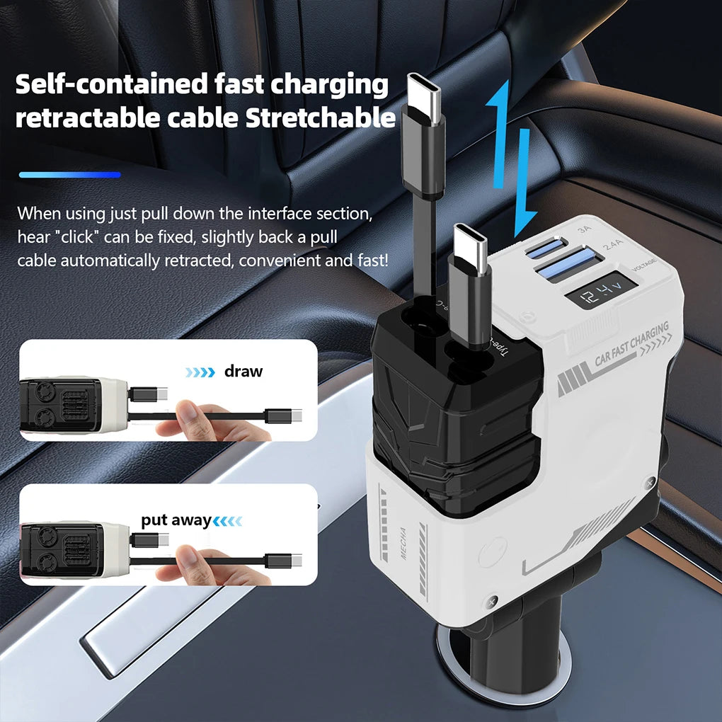 Car Charger, 4-in-1 Retractable Cigarette Lighter Adapter with USB Dual  Type C Fast Charging Cable for Xiaomi 15 Huawei Android