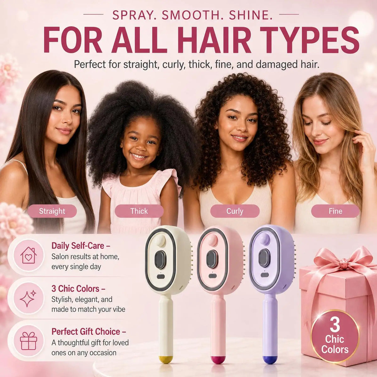 Electric Steam Brush Self-Cleaning Anti-Static Hair Brush with Water Spray for Women Ladies Wives Mothers Stylists Home