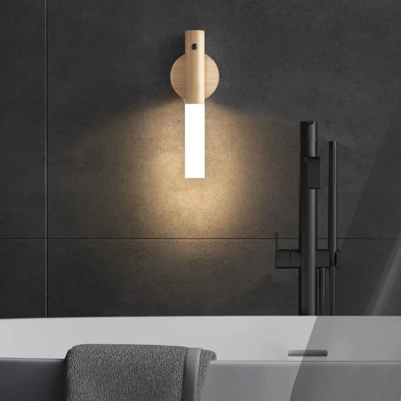 Wood Grain LED Wall Light with Motion Sensor Rechargeable Night Lamp for Bedroom Corridor Stairway Closet and Interior Lighting