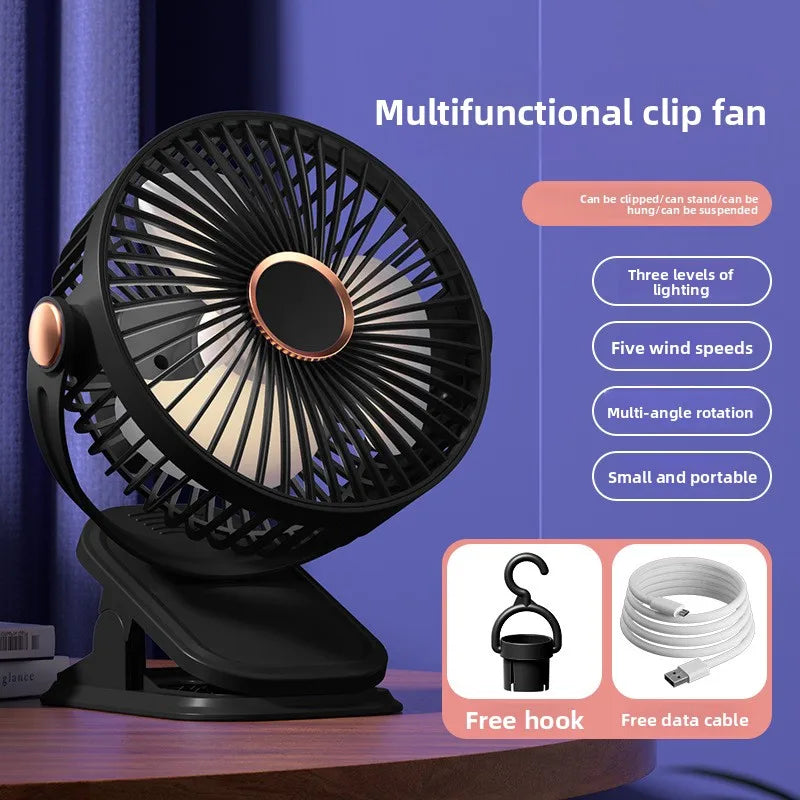 Portable Clip-on Fan 4-in-1 Quiet DC Brushless Motor Mini Desk Fan With 3Level Night Light 720° Rotation For Home Office Camping