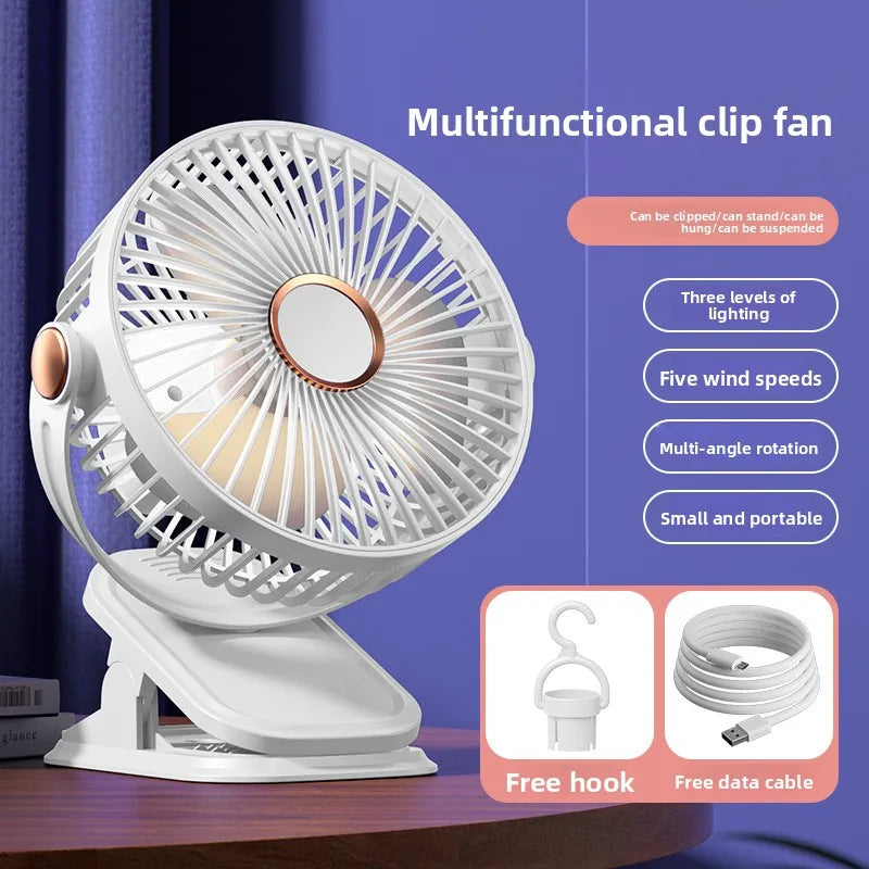 Portable Clip-on Fan 4-in-1 Quiet DC Brushless Motor Mini Desk Fan With 3Level Night Light 720° Rotation For Home Office Camping
