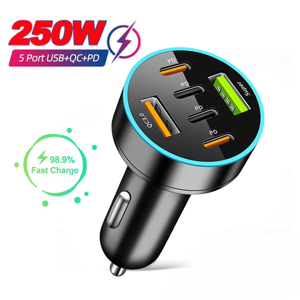 250W 6 in 1 USB Car Phone Charger Adapter 4 PD 6Ports Super Fast Charge in Car for iPhone Samsung Huawei QC 3.0