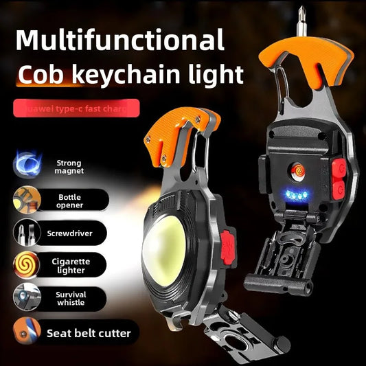 COB keychain work light multifunctional cigarette lighter charging portable camping LED strong light mini camping light