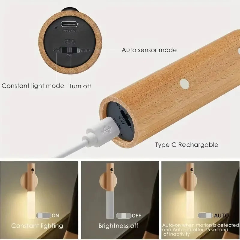 Wood Grain LED Wall Light with Motion Sensor Rechargeable Night Lamp for Bedroom Corridor Stairway Closet and Interior Lighting