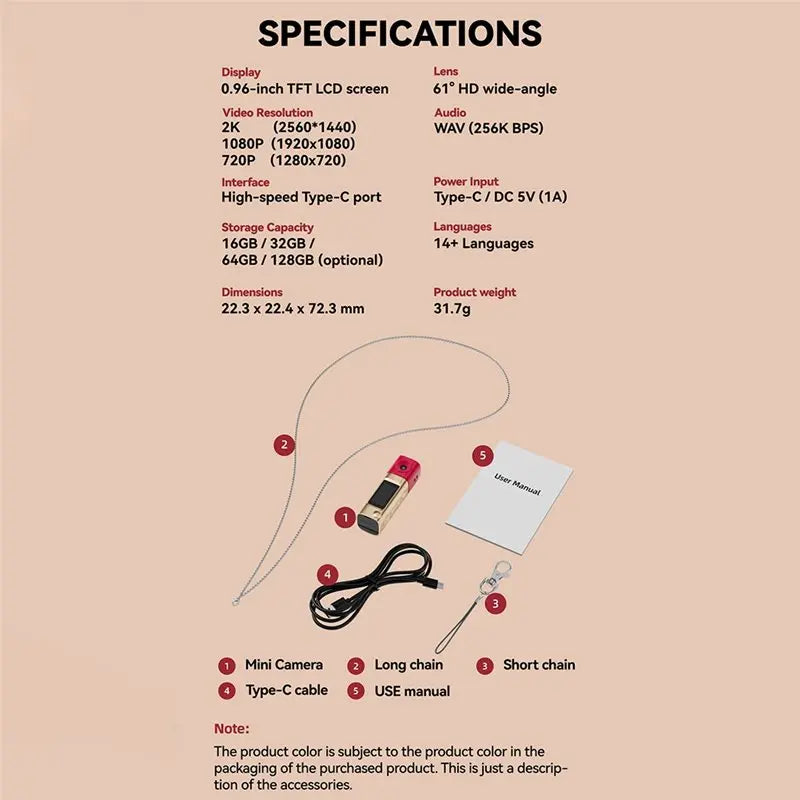 JABS-Thumb Camera 2K HD Mini Keychain Recorder Portable Autofocus 230° Video Recorder Lipstick Pocket Camcorder