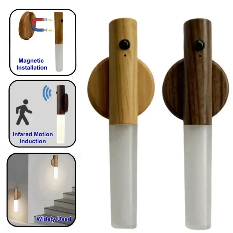 Wood Grain LED Wall Light with Motion Sensor Rechargeable Night Lamp for Bedroom Corridor Stairway Closet and Interior Lighting