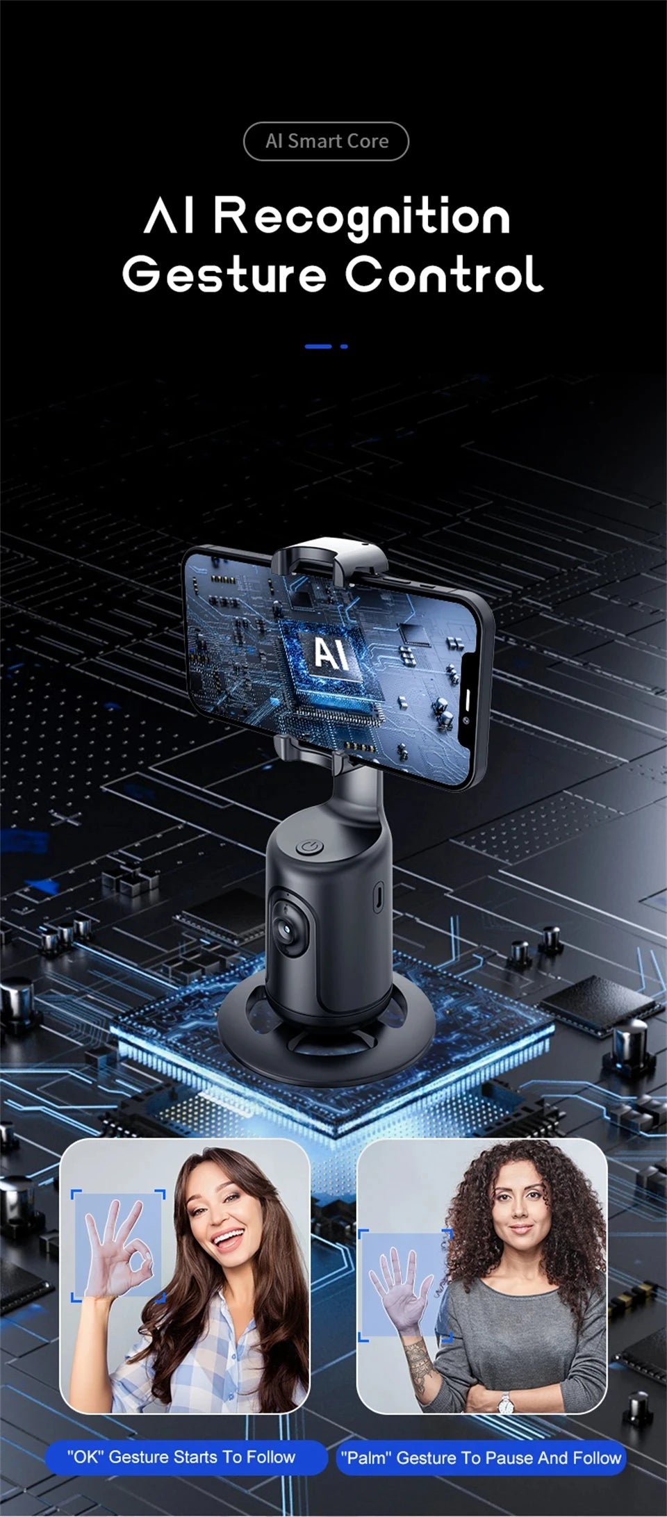360 Rotation Gimbal Stabilizer AI Following Face Tracking Desktop Gimbal PTZ For Tiktok Smartphone Live