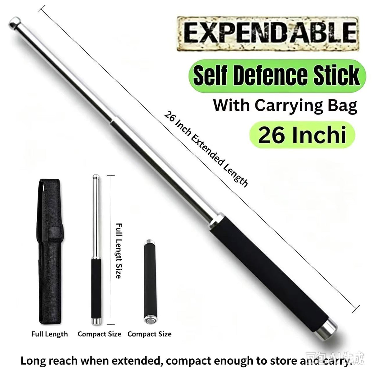 26in Expandable Self Defence Stick, Portable Telescopic Metal Rod with Storage Pouch